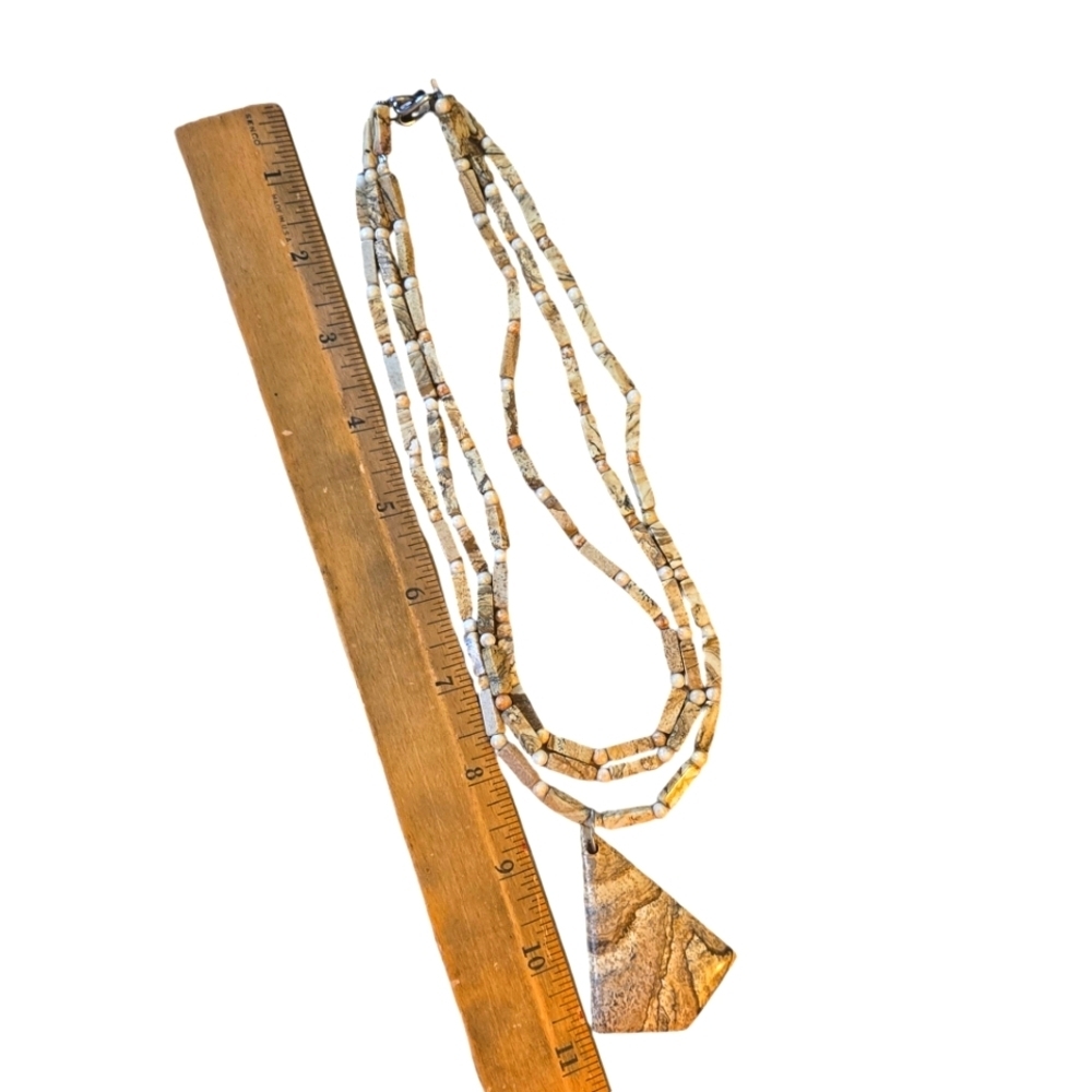 Picture Jasper 18" Necklace 3 Strands Natural Stone Beads Pendant Tan Brown Gold - Picture 6 of 9